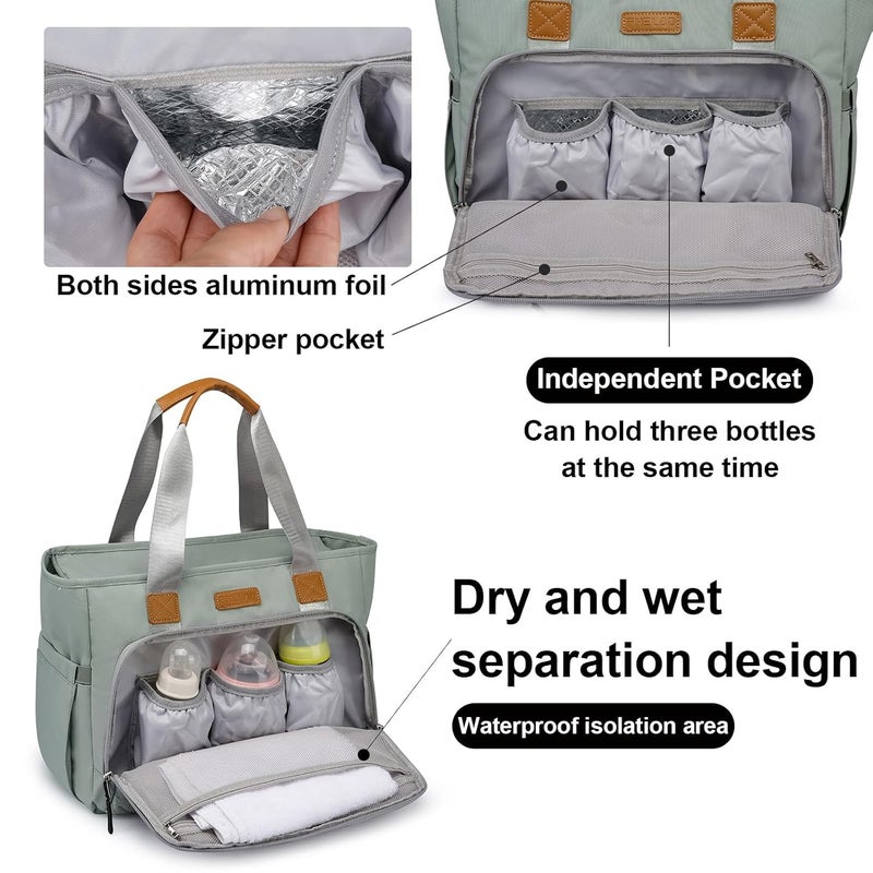 FHELAD Diaper Bag Tote, Large Tote Diaper Bag with 16" Laptop Compartment, Baby Bag with Insulated Pocket for Mam and Dad, Ideal for Travel, Work (Morandi Grey) | Dual stroller hooks, Working Parents, 3 Insulated Pocket - Image 4